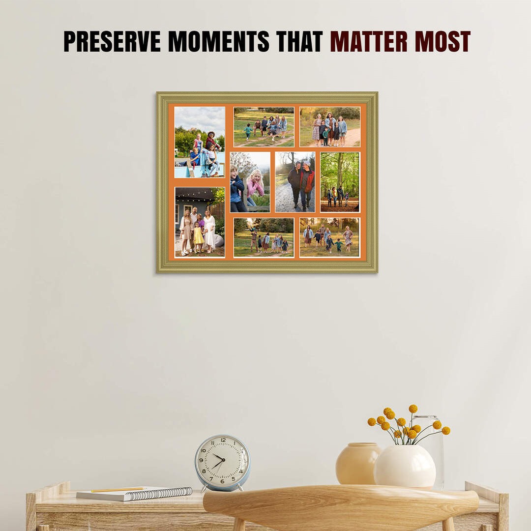 20x16" Gold Classic Multi Aperture Photo Frame Holds 7x5" (x2) & 6x4" (x7) Photos With Burnt Orange Mount | Modern Collage Frame thumbnail 2