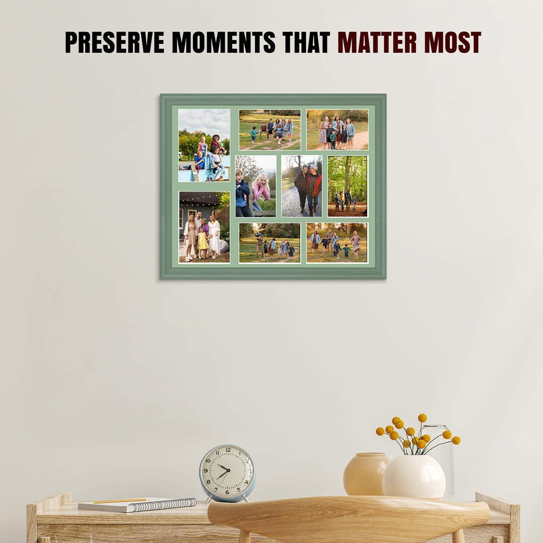 20x16" Green Classic Multi Aperture Photo Frame Holds 7x5" (x2) & 6x4" (x7) Photos With Sage Green Mount | Modern Collage Frame thumbnail 2