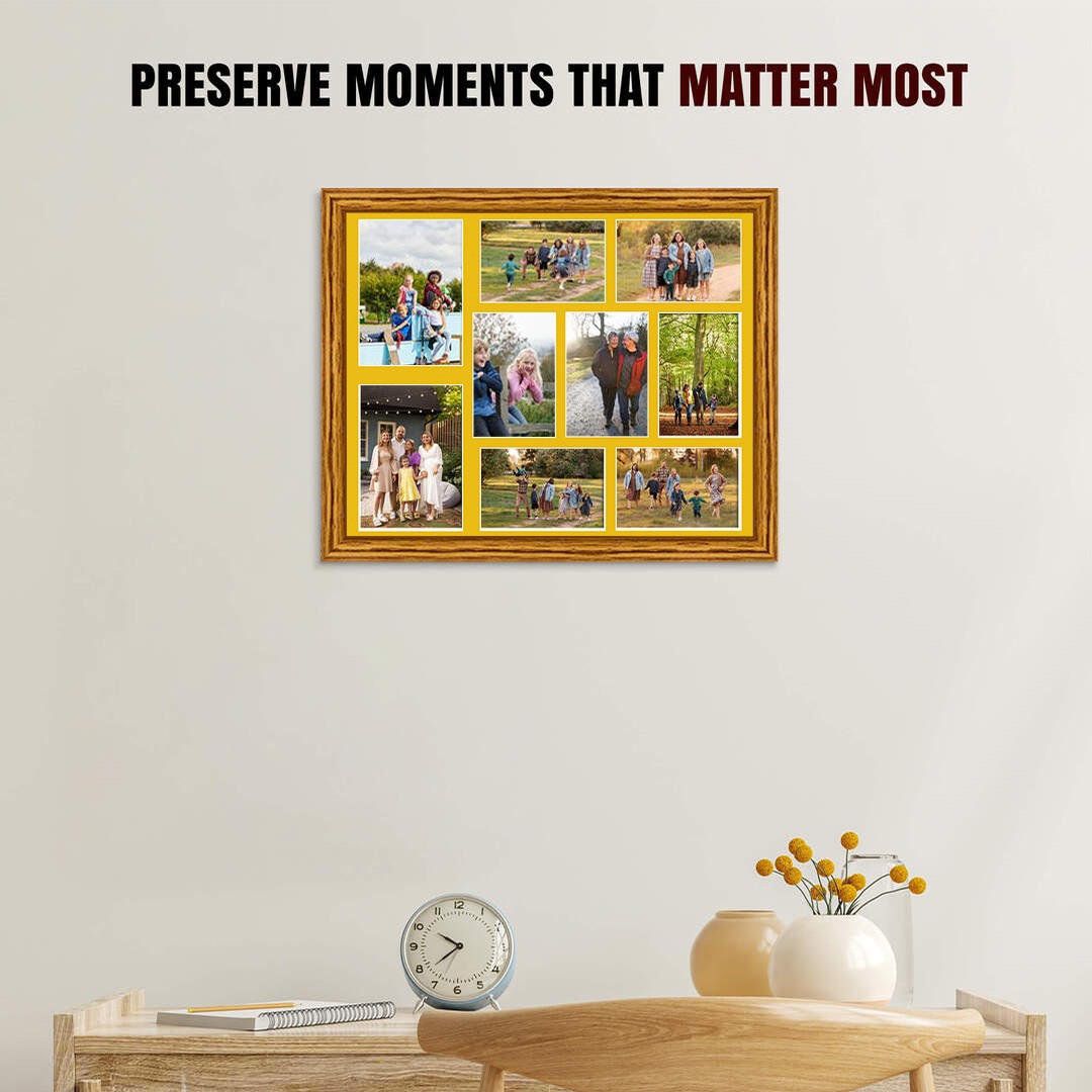 20x16" Oak Classic Multi Aperture Photo Frame Holds 7x5" (x2) & 6x4" (x7) Photos With Bright Yellow Mount | Modern Collage Frame thumbnail 2