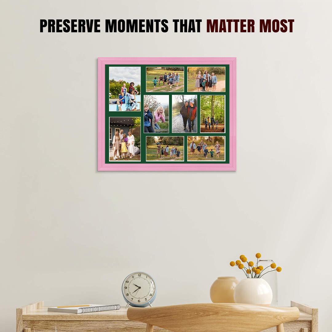20x16" Pastel Pink Classic Multi Aperture Photo Frame Holds 7x5" (x2) & 6x4" (x7) Photos With Forest Green Mount | Modern Collage Frame thumbnail 2
