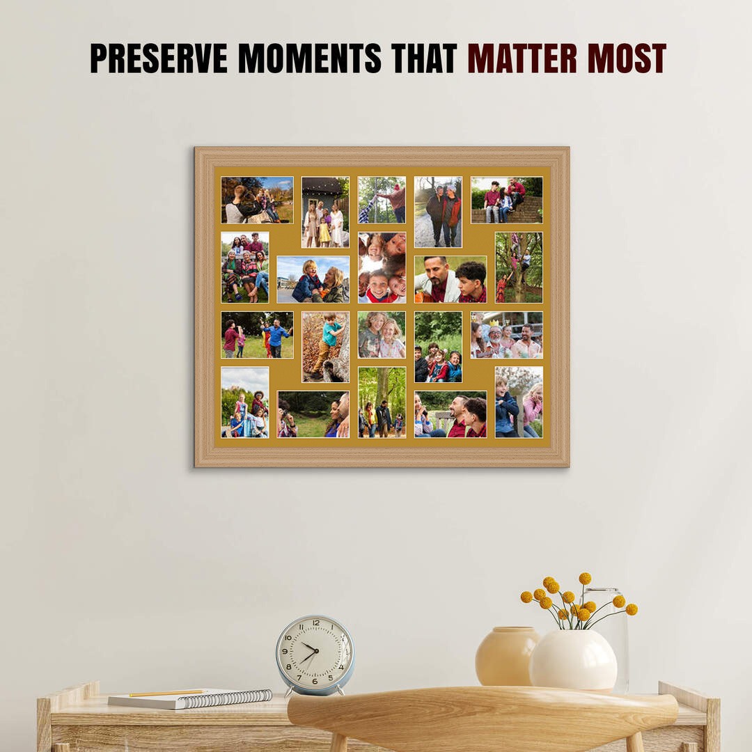 80x70cm Country Pine Classic Multi Aperture Photo Frame Holds 6x4" (x18) & 4x4" (x2) Photos With Antique Gold Mount | Modern Collage Frame thumbnail 2