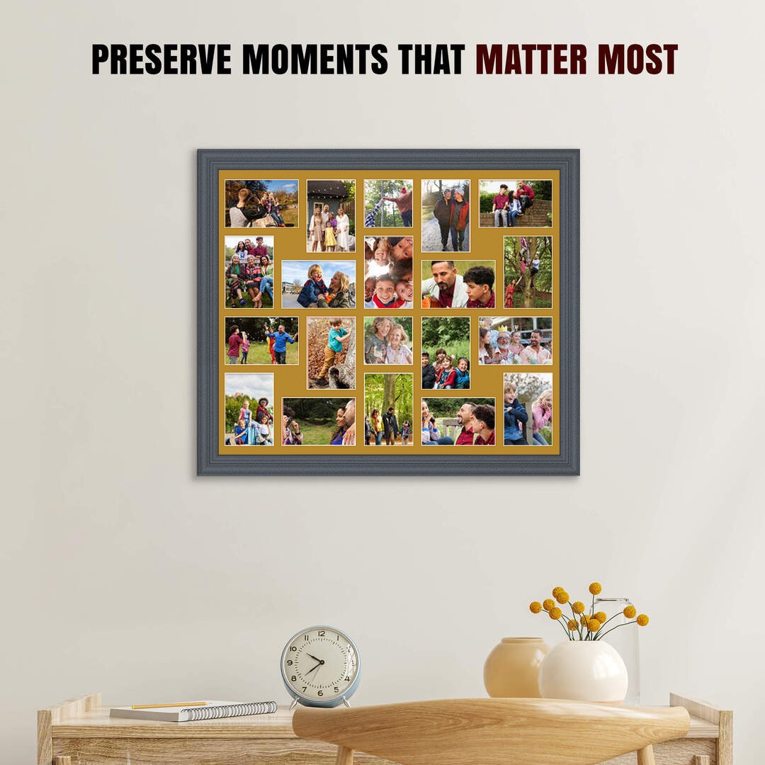 80x70cm Dark Grey Classic Multi Aperture Photo Frame Holds 6x4" (x18) & 4x4" (x2) Photos With Antique Gold Mount | Modern Collage Frame thumbnail 2