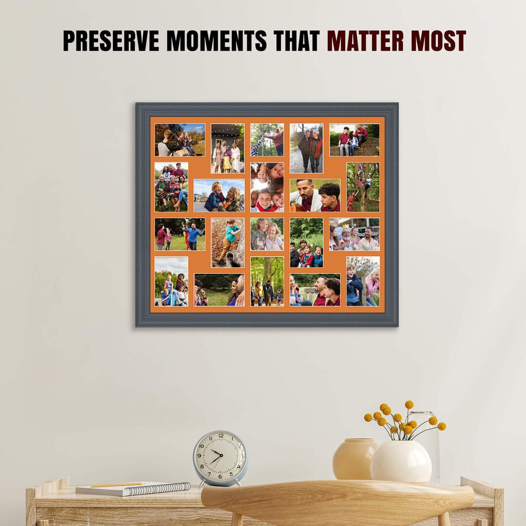80x70cm Dark Grey Classic Multi Aperture Photo Frame Holds 6x4" (x18) & 4x4" (x2) Photos With Burnt Orange Mount | Modern Collage Frame thumbnail 2