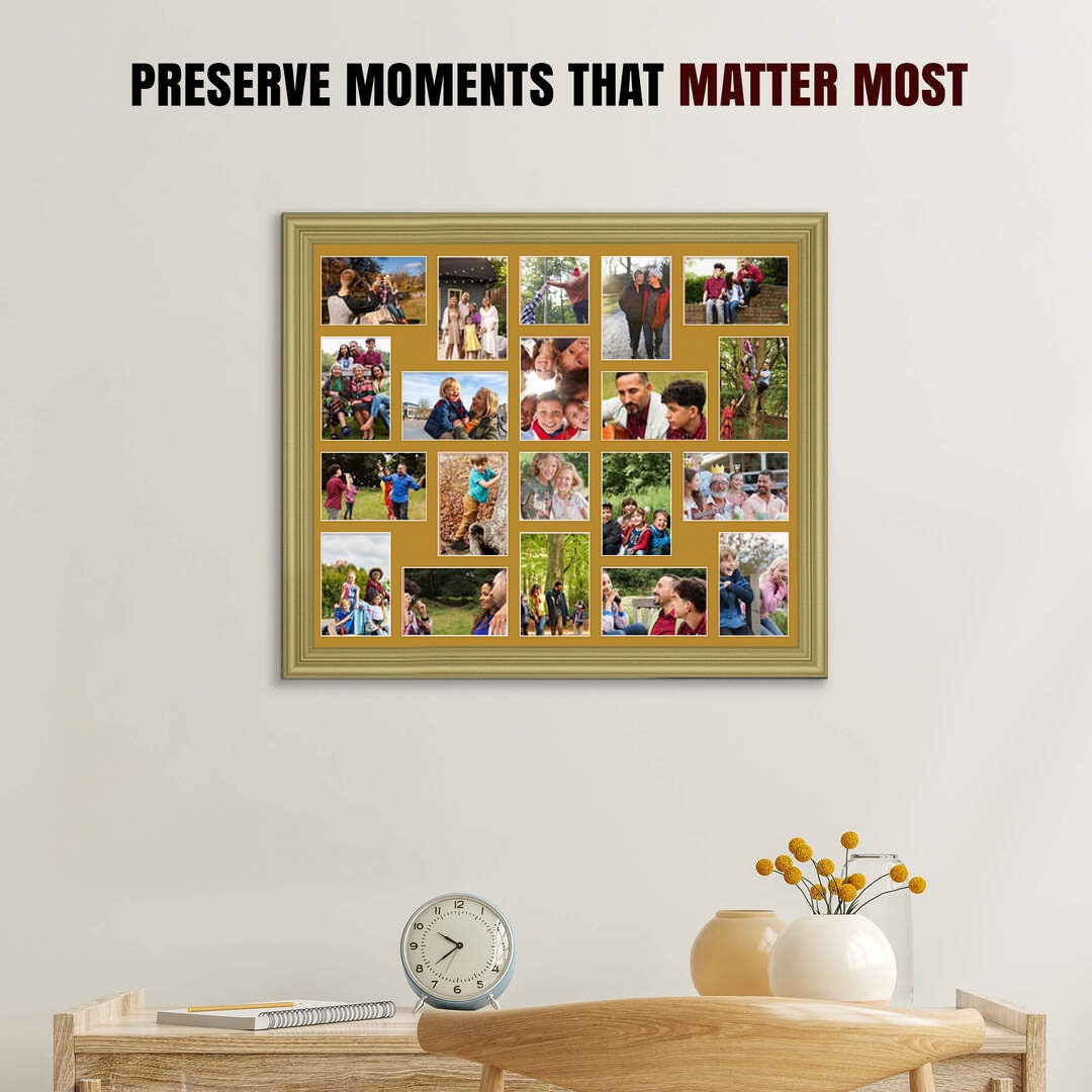 80x70cm Gold Classic Multi Aperture Photo Frame - Fits 6x4" (x18) & 4x4" (x2) Photos | Collage Frame thumbnail 2