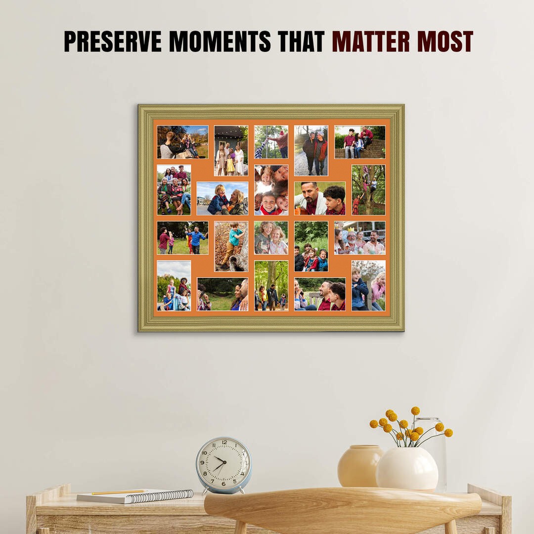 80x70cm Gold Classic Multi Aperture Photo Frame Holds 6x4" (x18) & 4x4" (x2) Photos With Burnt Orange Mount | Modern Collage Frame thumbnail 2