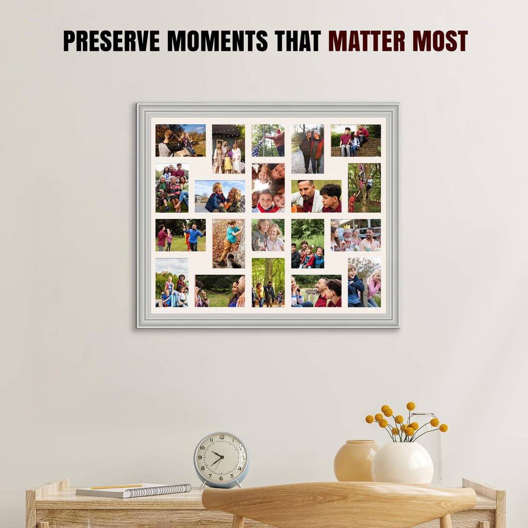80x70cm Light Grey Classic Multi Aperture Photo Frame - Fits 6x4" (x18) & 4x4" (x2) Photos | Collage Frame thumbnail 2