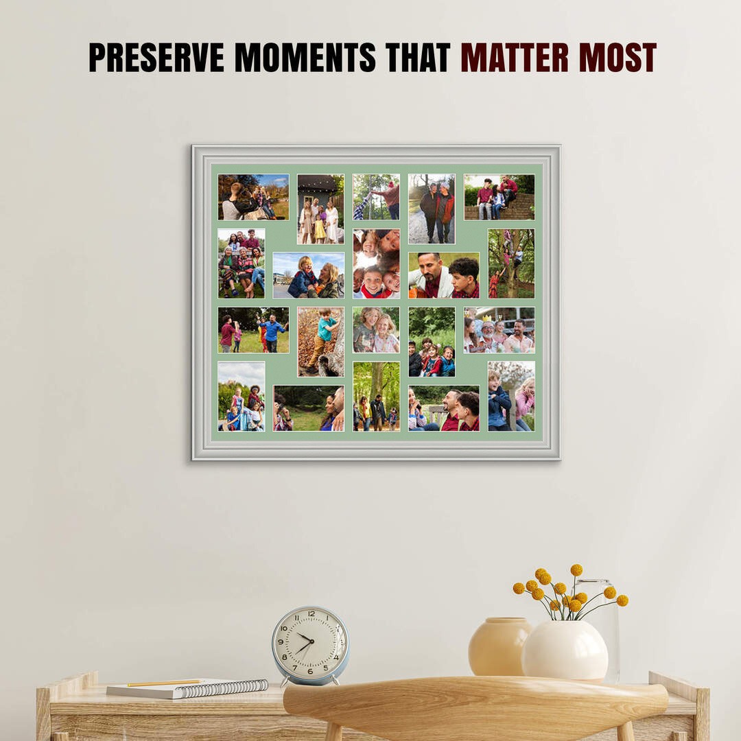 80x70cm Light Grey Classic Multi Aperture Photo Frame Holds 6x4" (x18) & 4x4" (x2) Photos With Sage Green Mount | Modern Collage Frame thumbnail 2