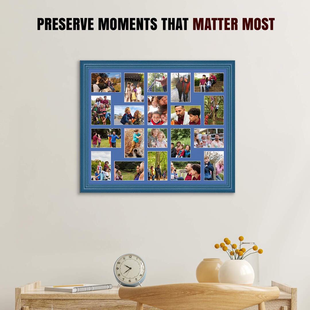 80x70cm Navy Blue Classic Multi Aperture Photo Frame Holds 6x4" (x18) & 4x4" (x2) Photos With Pacific Blue Mount | Modern Collage Frame thumbnail 2