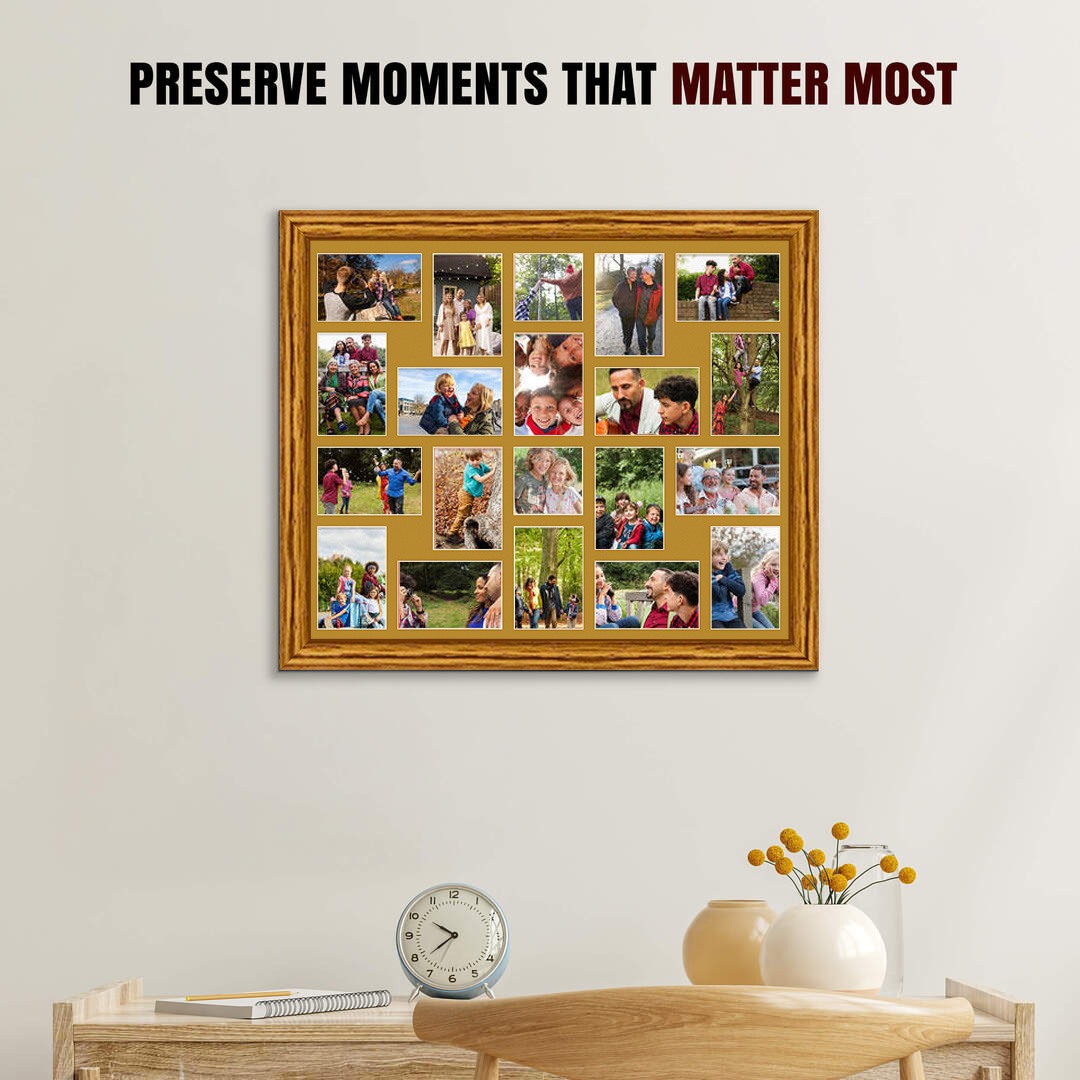 80x70cm Classic Oak Multi Aperture Photo Frame - Fits 6x4" (x18) & 4x4" (x2) Photos | Collage Frame thumbnail 2