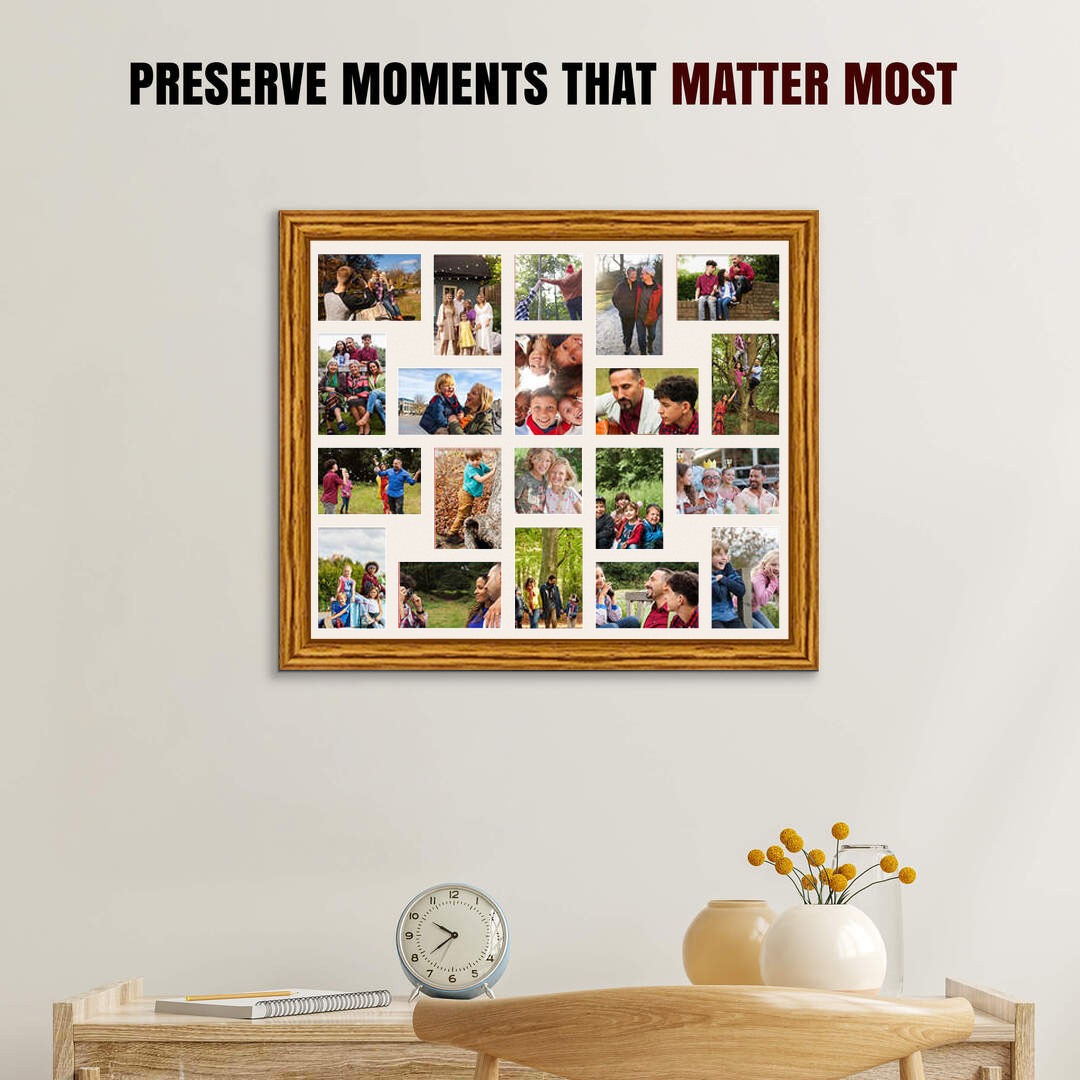 80x70cm Classic Oak Multi Aperture Photo Frame - Fits 6x4" (x18) & 4x4" (x2) Photos | Collage Frame thumbnail 2