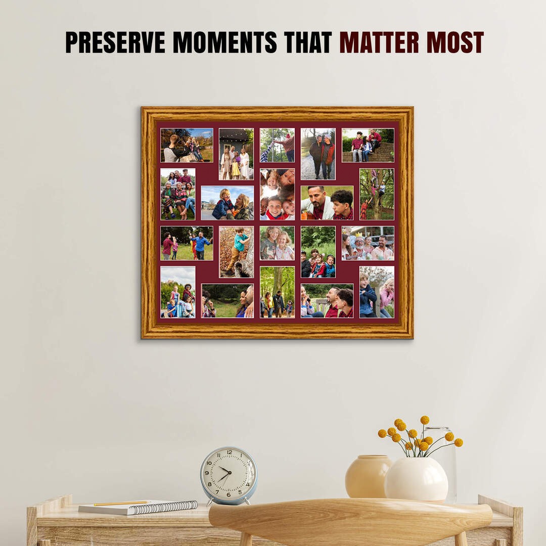 80x70cm Classic Oak Multi Aperture Photo Frame - Fits 6x4" (x18) & 4x4" (x2) Photos | Collage Frame thumbnail 2