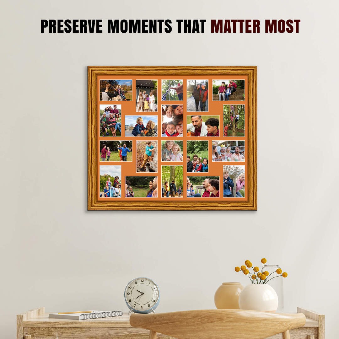 80x70cm Oak Classic Multi Aperture Photo Frame - Fits 6x4" (x18) & 4x4" (x2) Photos | Collage Frame thumbnail 2