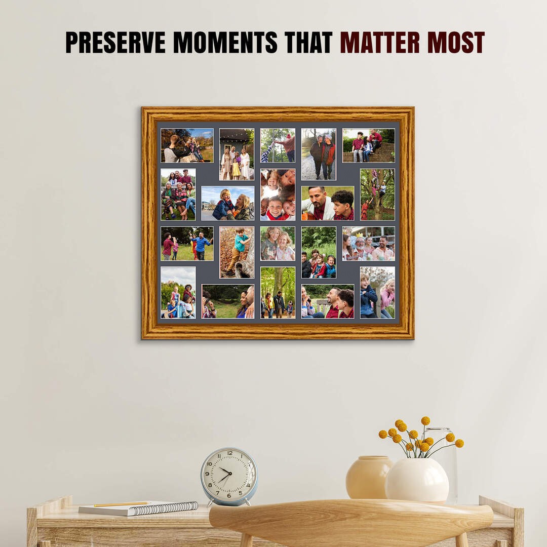 80x70cm Classic Oak Multi Aperture Photo Frame - Fits 6x4" (x18) & 4x4" (x2) Photos | Collage Frame thumbnail 2