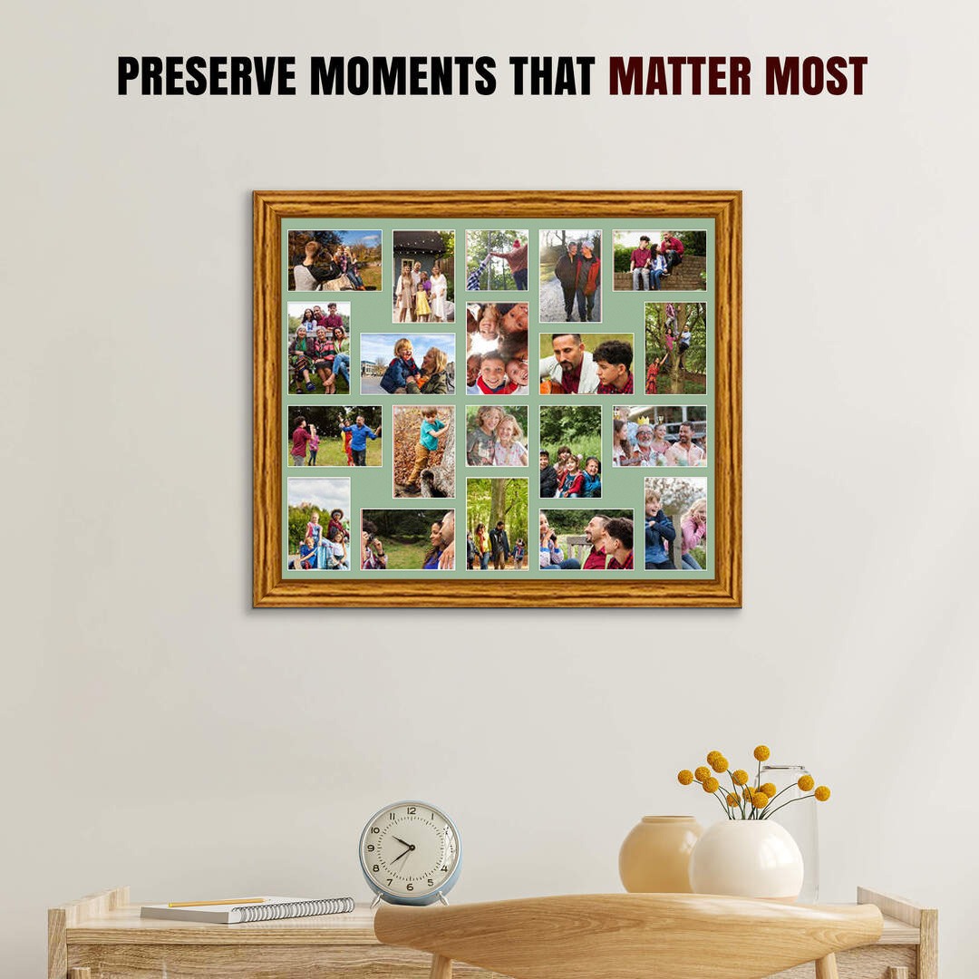 80x70cm Oak Classic Multi Aperture Photo Frame - Fits 6x4" (x18) & 4x4" (x2) Photos | Collage Frame thumbnail 2