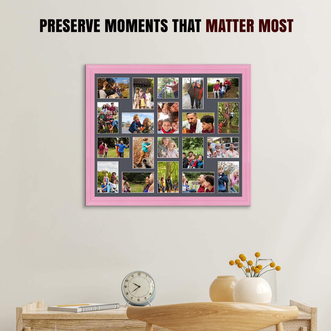 80x70cm Pastel Pink Classic Multi Aperture Photo Frame Holds 6x4" (x18) & 4x4" (x2) Photos With Charcoal Grey Mount | Modern Collage Frame thumbnail 2