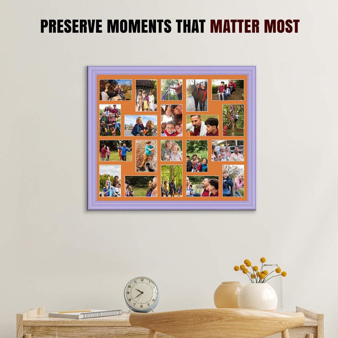 80x70cm Purple Classic Multi Aperture Photo Frame Holds 6x4" (x18) & 4x4" (x2) Photos With Burnt Orange Mount | Modern Collage Frame thumbnail 2