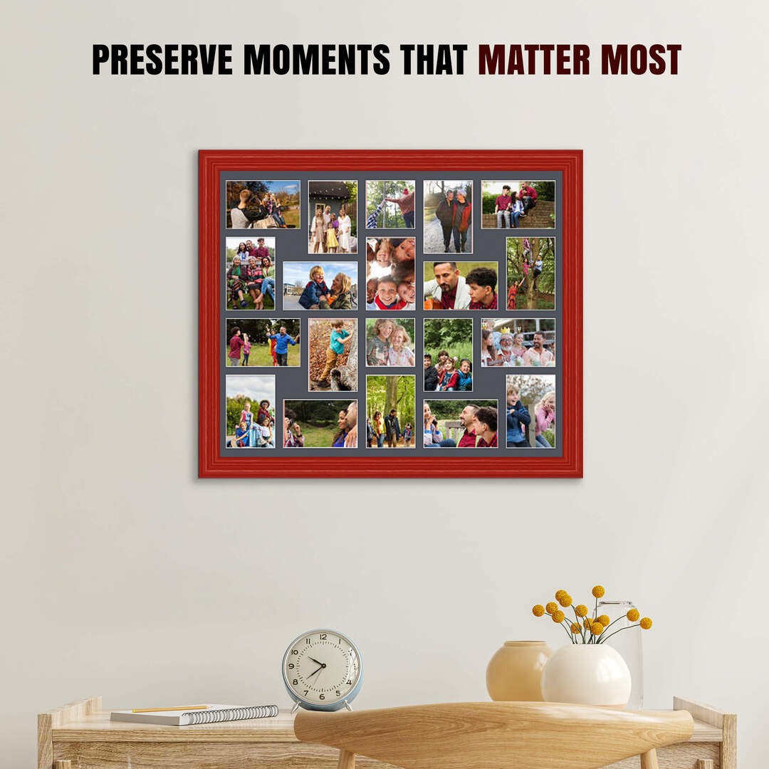 80x70cm Red Classic Multi Aperture Photo Frame Holds 6x4" (x18) & 4x4" (x2) Photos With Charcoal Grey Mount | Modern Collage Frame thumbnail 2