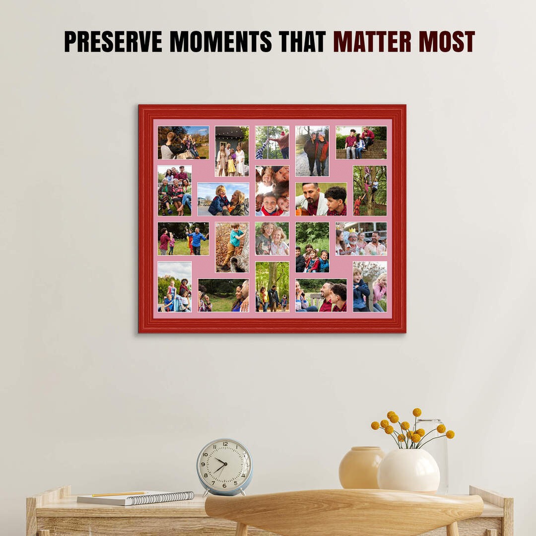 80x70cm Red Classic Multi Aperture Photo Frame Holds 6x4" (x18) & 4x4" (x2) Photos With Dusty Rose Mount | Modern Collage Frame thumbnail 2