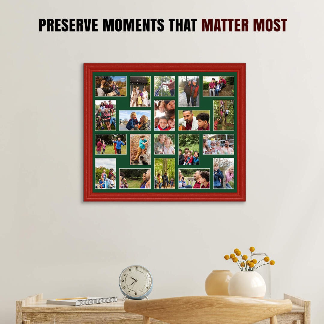 80x70cm Red Classic Multi Aperture Photo Frame Holds 6x4" (x18) & 4x4" (x2) Photos With Forest Green Mount | Modern Collage Frame thumbnail 2