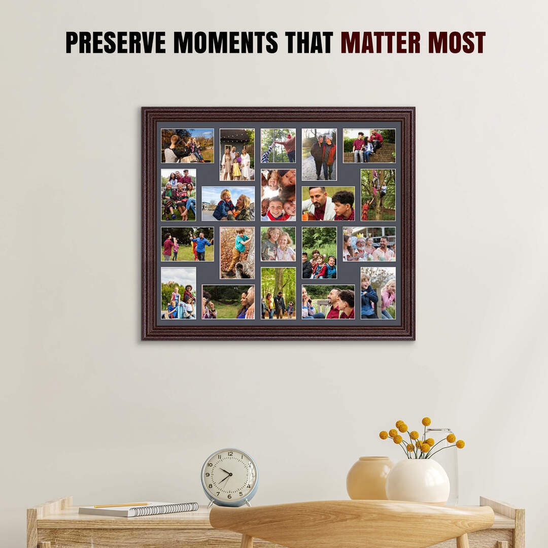 80x70cm Rose Wood Classic Multi Aperture Photo Frame Holds 6x4" (x18) & 4x4" (x2) Photos With Charcoal Grey Mount | Modern Collage Frame thumbnail 2
