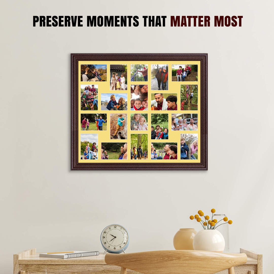 80x70cm Rose Wood Classic Multi Aperture Photo Frame Holds 6x4" (x18) & 4x4" (x2) Photos With Primrose Mount | Modern Collage Frame thumbnail 2