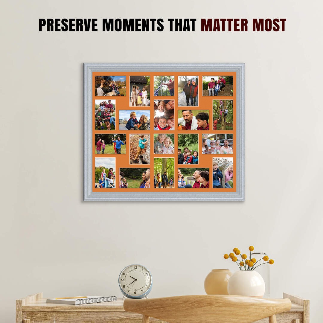 80x70cm Silver Classic Multi Aperture Photo Frame Holds 6x4" (x18) & 4x4" (x2) Photos With Burnt Orange Mount | Modern Collage Frame thumbnail 2