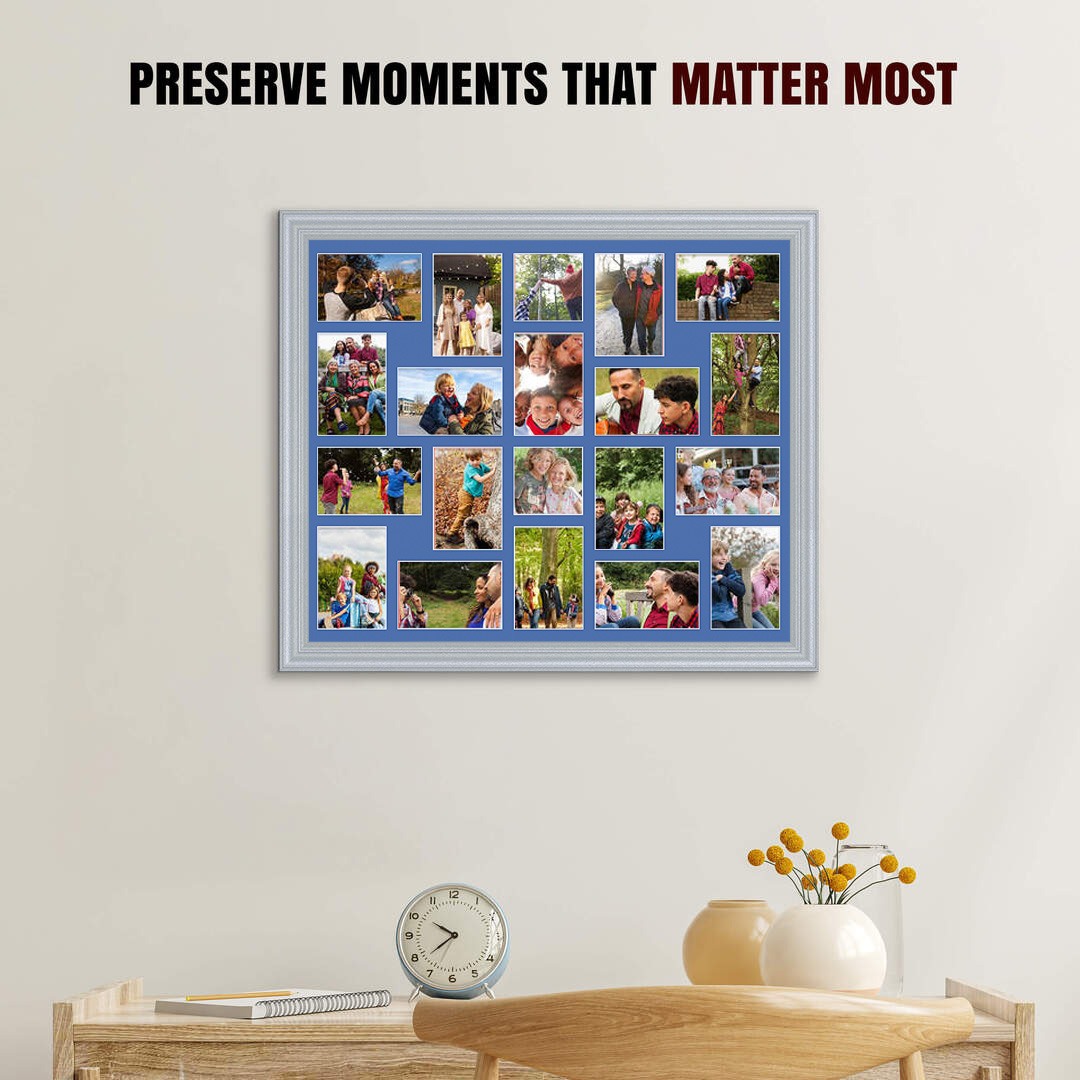 80x70cm Silver Classic Multi Aperture Photo Frame Holds 6x4" (x18) & 4x4" (x2) Photos With Pacific Blue Mount | Modern Collage Frame thumbnail 2