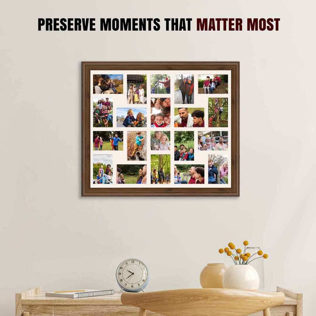 80x70cm Classic Walnut Multi Aperture Photo Frame - Fits 6x4" (x18) & 4x4" (x2) Photos | Collage Frame thumbnail 2