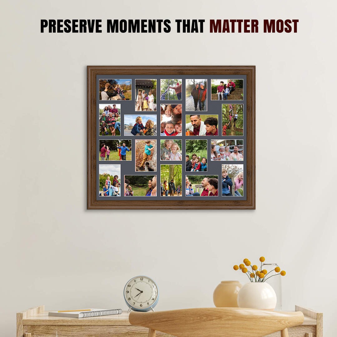 80x70cm Walnut Classic Multi Aperture Photo Frame - Fits 6x4" (x18) & 4x4" (x2) Photos | Collage Frame thumbnail 2