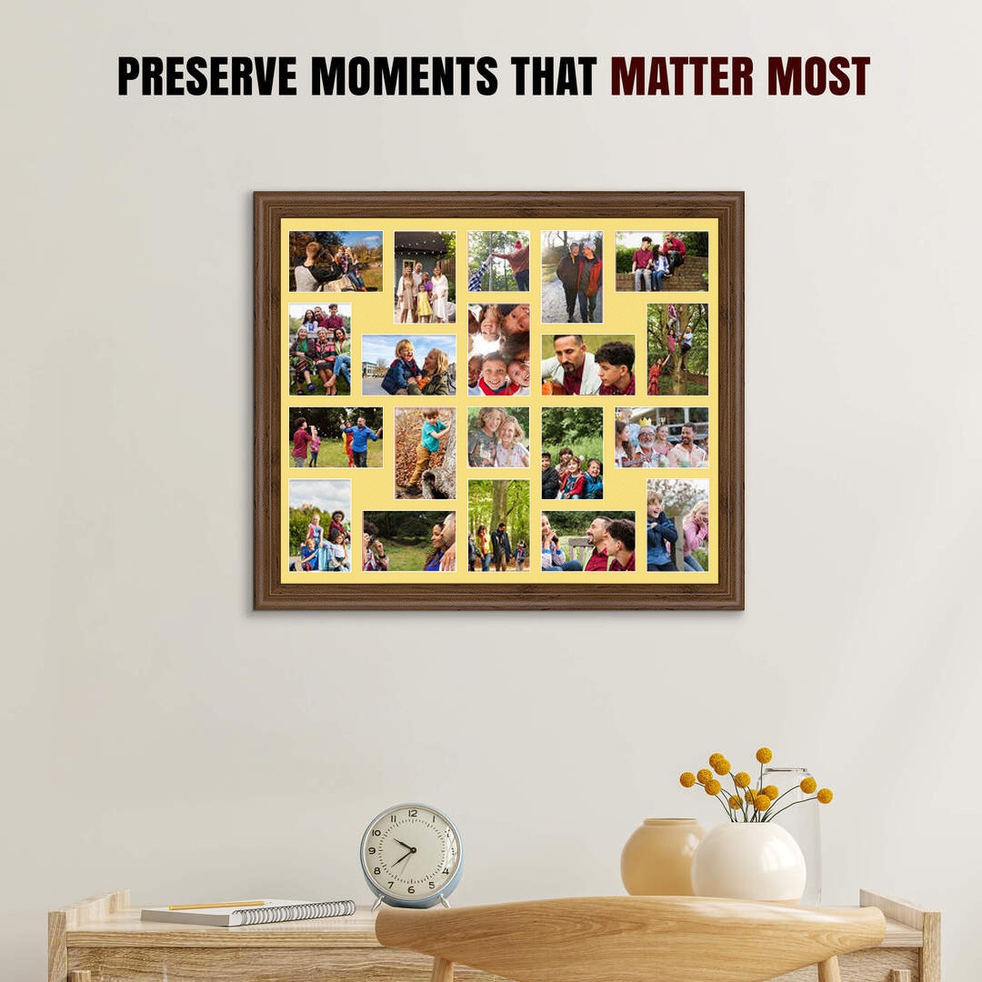 80x70cm Walnut Classic Multi Aperture Photo Frame Holds 6x4" (x18) & 4x4" (x2) Photos With Primrose Mount | Modern Collage Frame thumbnail 2
