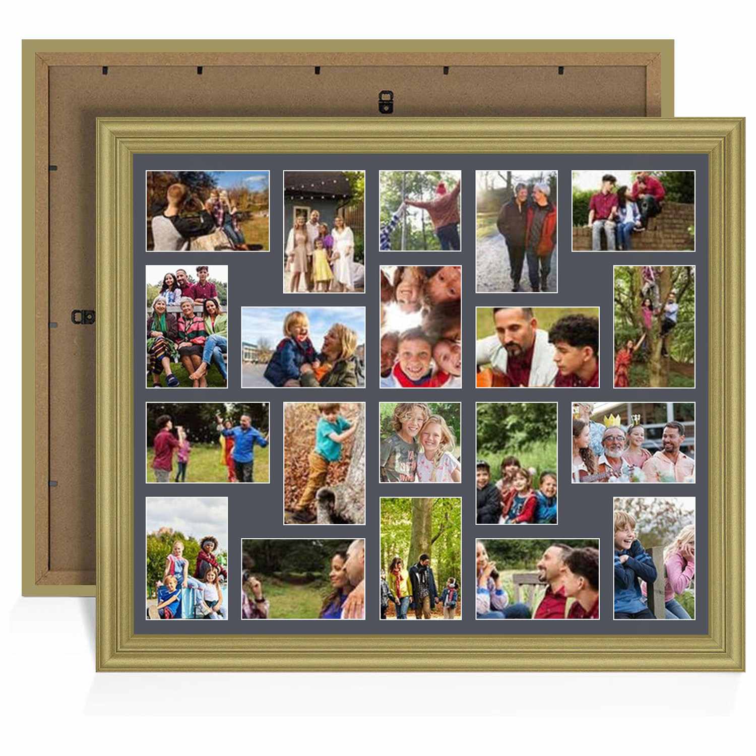 80x70cm Gold Classic Multi Aperture Photo Frame Holds 6x4" (x18) & 4x4" (x2) Photos With Charcoal Grey Mount | Modern Collage Frame