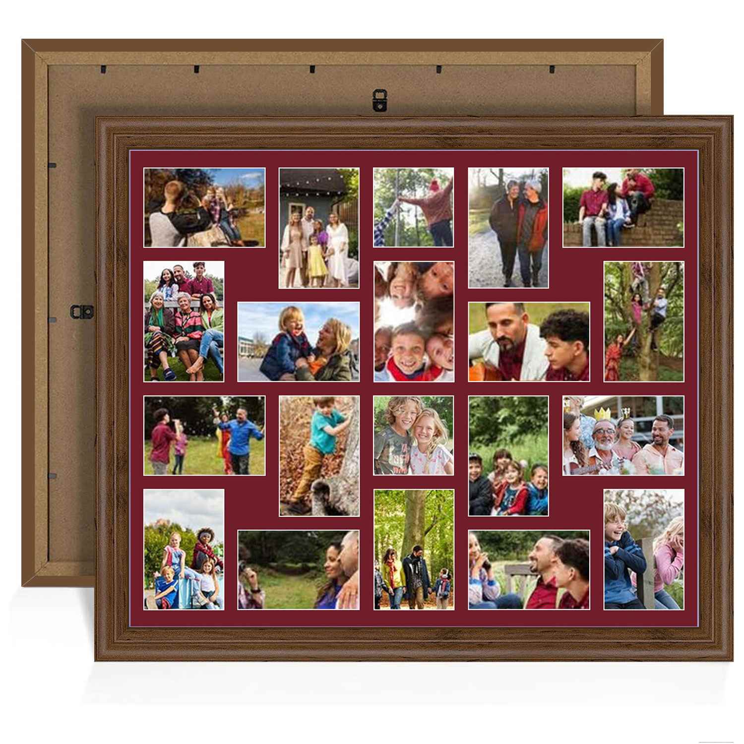 80x70cm Walnut Classic Multi Aperture Photo Frame Holds 6x4" (x18) & 4x4" (x2) Photos With Burgundy Mount | Modern Collage Frame