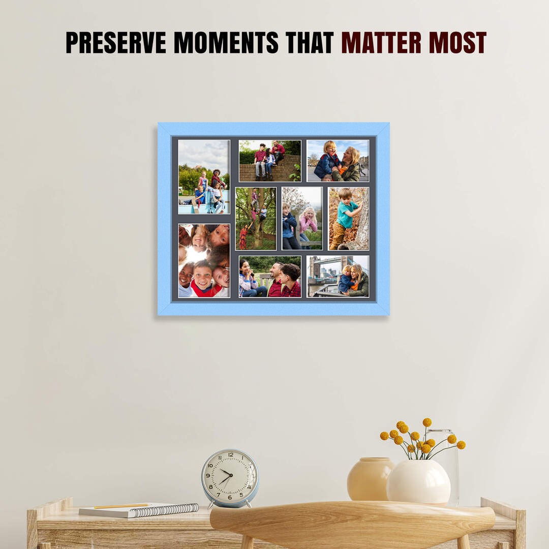 20x16" Baby Blue Sleek Multi Aperture Photo Frame Holds 7x5" (x2) & 6x4" (x7) Photos With Charcoal Grey Mount | Modern Collage Frame thumbnail 2