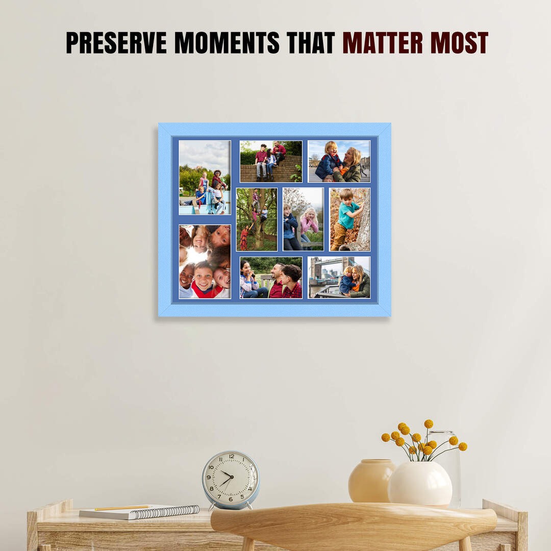 20x16" Baby Blue Sleek Multi Aperture Photo Frame Holds 7x5" (x2) & 6x4" (x7) Photos With Pacific Blue Mount | Modern Collage Frame thumbnail 2