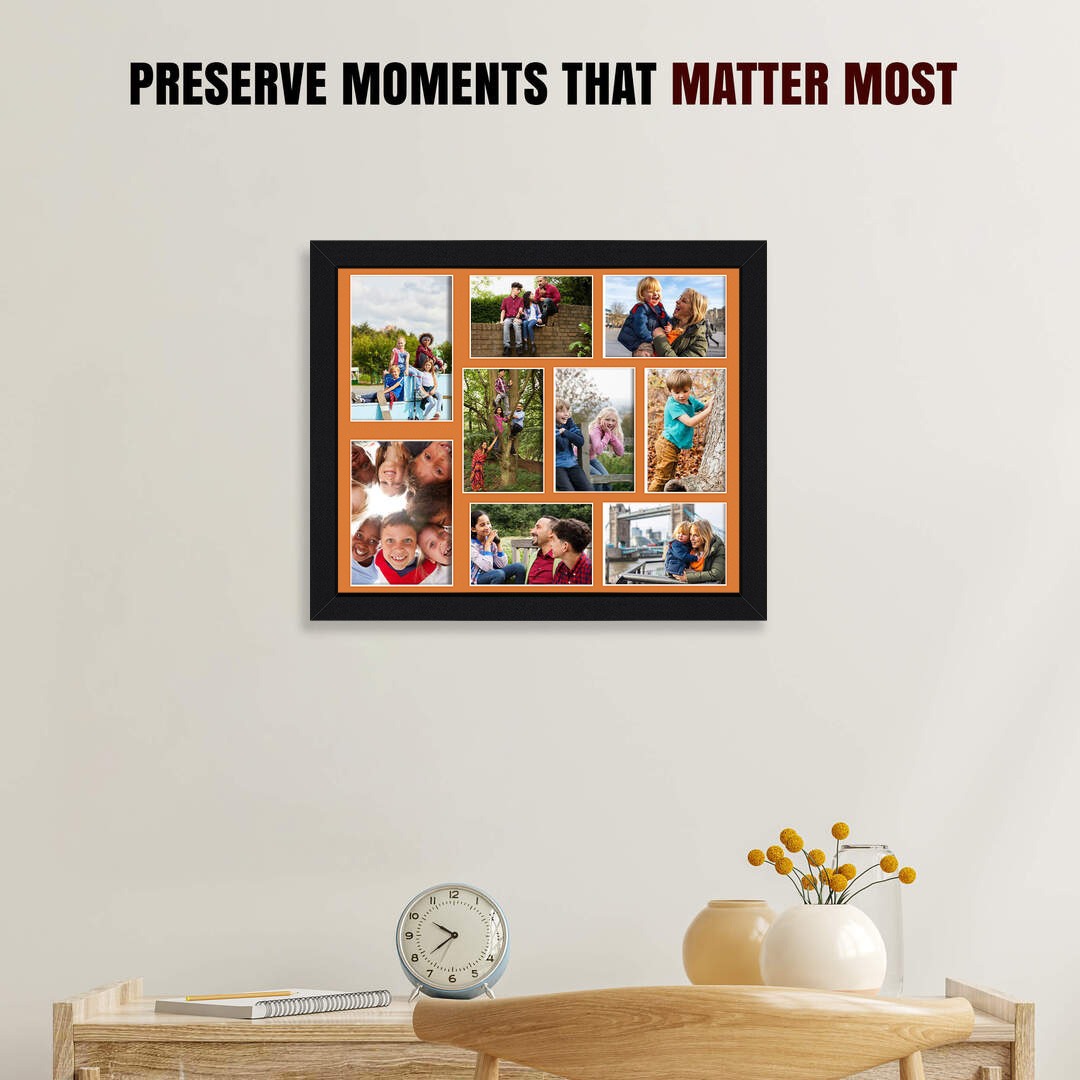 20x16" Black Sleek Multi Aperture Photo Frame Holds 7x5" (x2) & 6x4" (x7) Photos With Burnt Orange Mount | Modern Collage Frame thumbnail 2