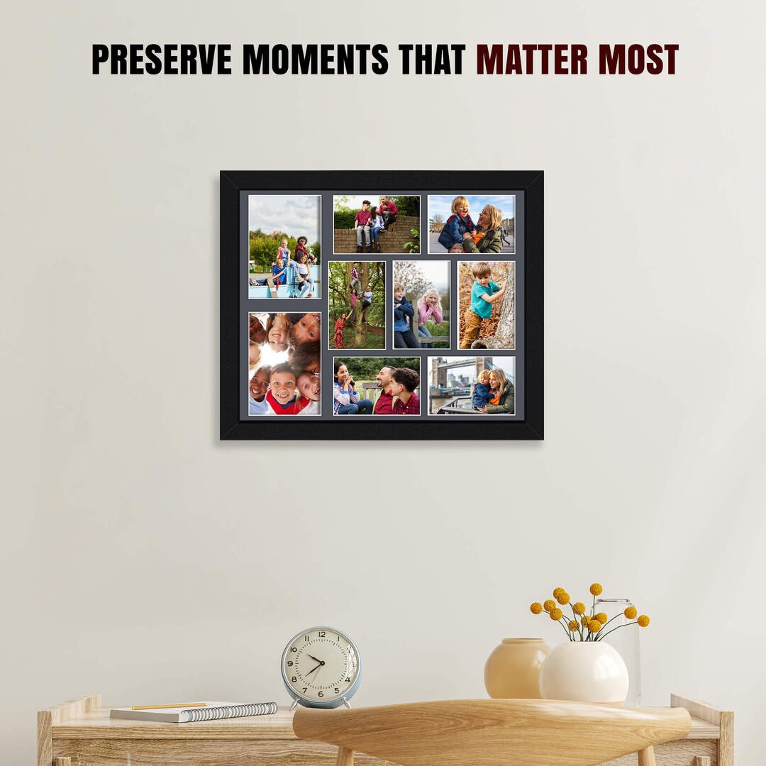 20x16" Black Sleek Multi Aperture Photo Frame Holds 7x5" (x2) & 6x4" (x7) Photos With Charcoal Grey Mount | Modern Collage Frame thumbnail 2