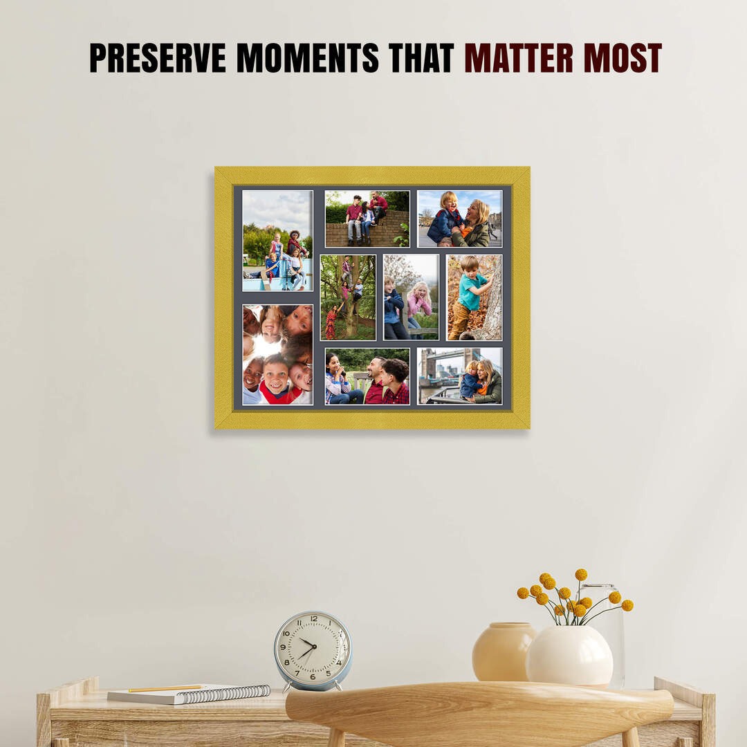 20x16" Gold Sleek Multi Aperture Photo Frame Holds 7x5" (x2) & 6x4" (x7) Photos With Charcoal Grey Mount | Modern Collage Frame thumbnail 2