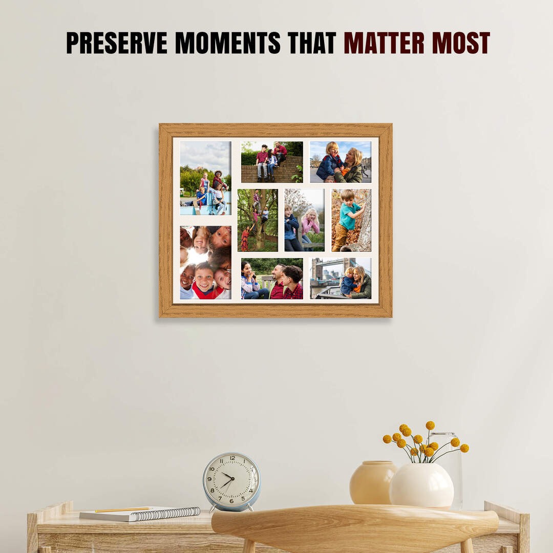 20x16" Oak Sleek Multi Aperture Photo Frame Holds 7x5" (x2) & 6x4" (x7) Photos With Antique White Mount | Modern Collage Frame thumbnail 2
