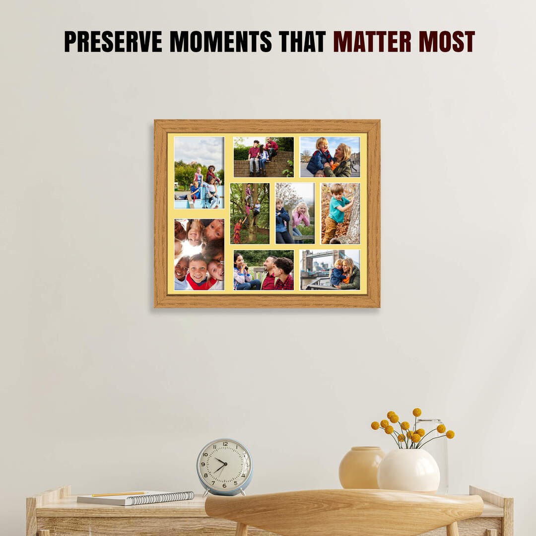 20x16" Oak Sleek Multi Aperture Photo Frame Holds 7x5" (x2) & 6x4" (x7) Photos With Primrose Mount | Modern Collage Frame thumbnail 2
