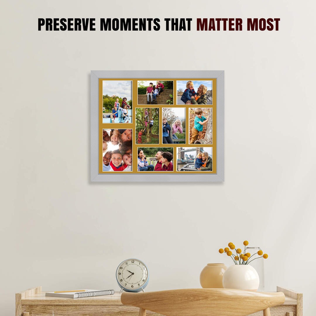 20x16" Silver Sleek Multi Aperture Photo Frame Holds 7x5" (x2) & 6x4" (x7) Photos With Antique Gold Mount | Modern Collage Frame thumbnail 2