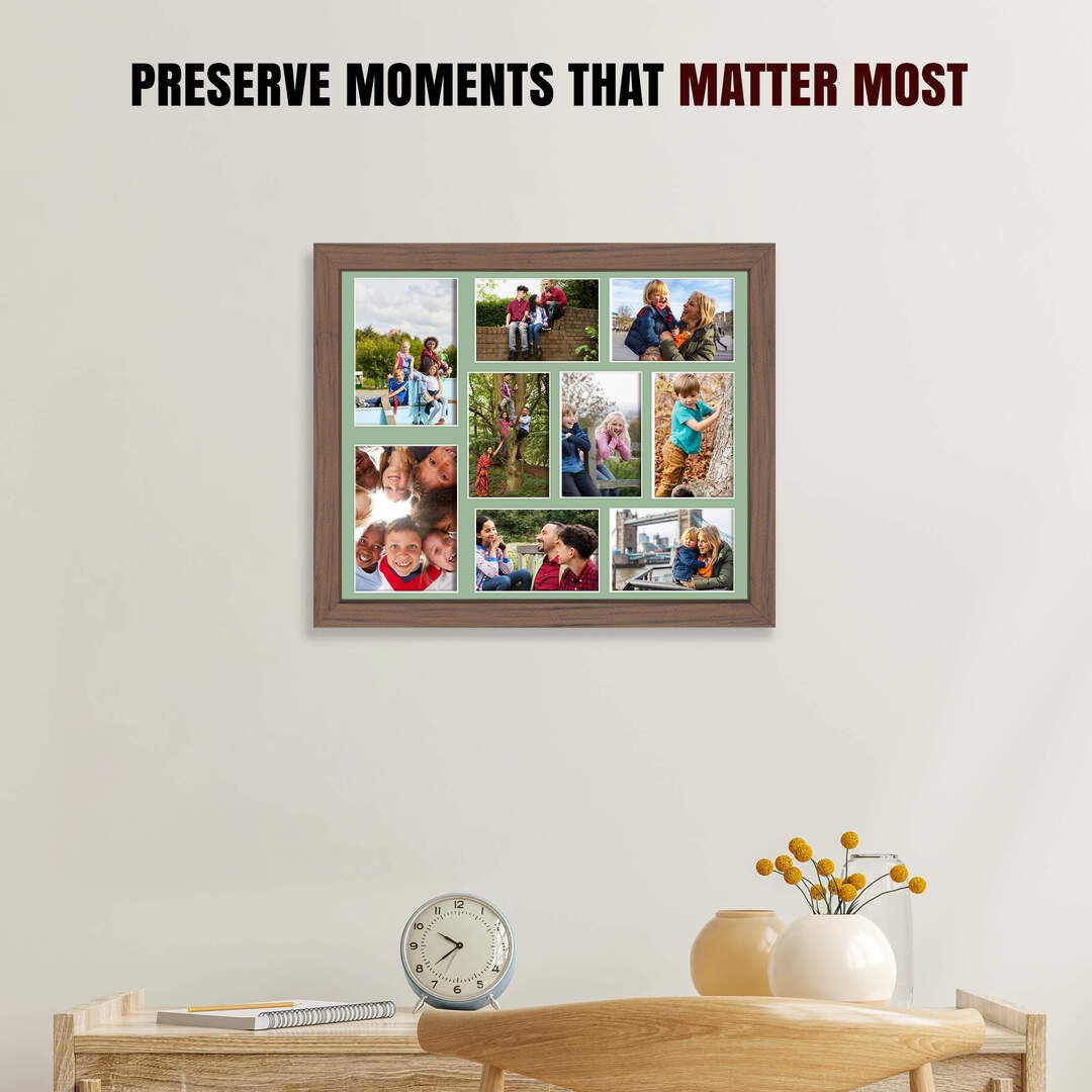 20x16" Walnut Sleek Multi Aperture Photo Frame Holds 7x5" (x2) & 6x4" (x7) Photos With Sage Green Mount | Modern Collage Frame thumbnail 2