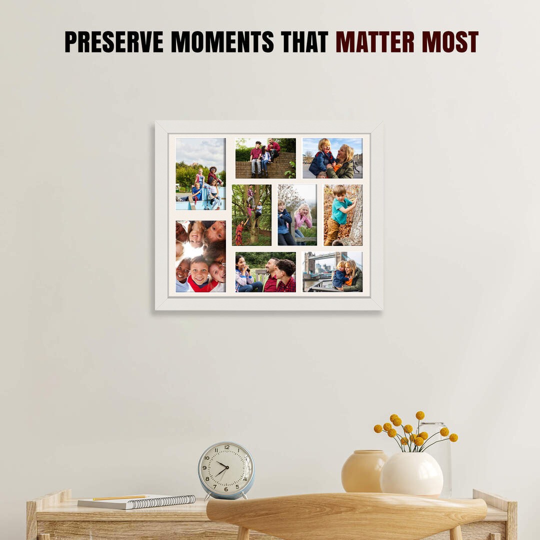 20x16" White Sleek Multi Aperture Photo Frame Holds 7x5" (x2) & 6x4" (x7) Photos With Antique White Mount | Modern Collage Frame thumbnail 2