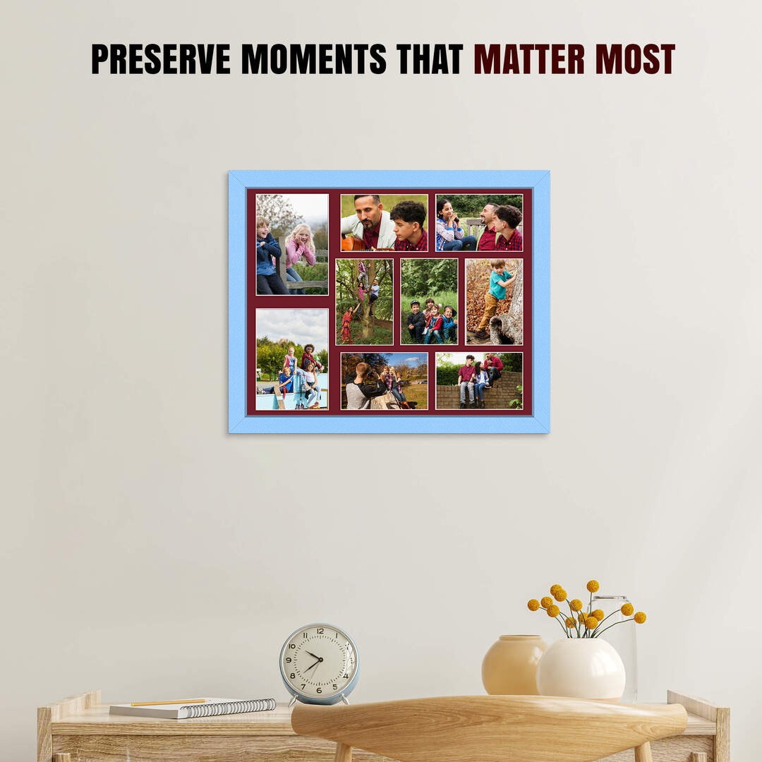 20x16" Baby Blue Modern Multi Aperture Photo Frame Holds 7x5" (x2) & 6x4" (x7) Photos With Burgundy Mount | Modern Collage Frame thumbnail 2