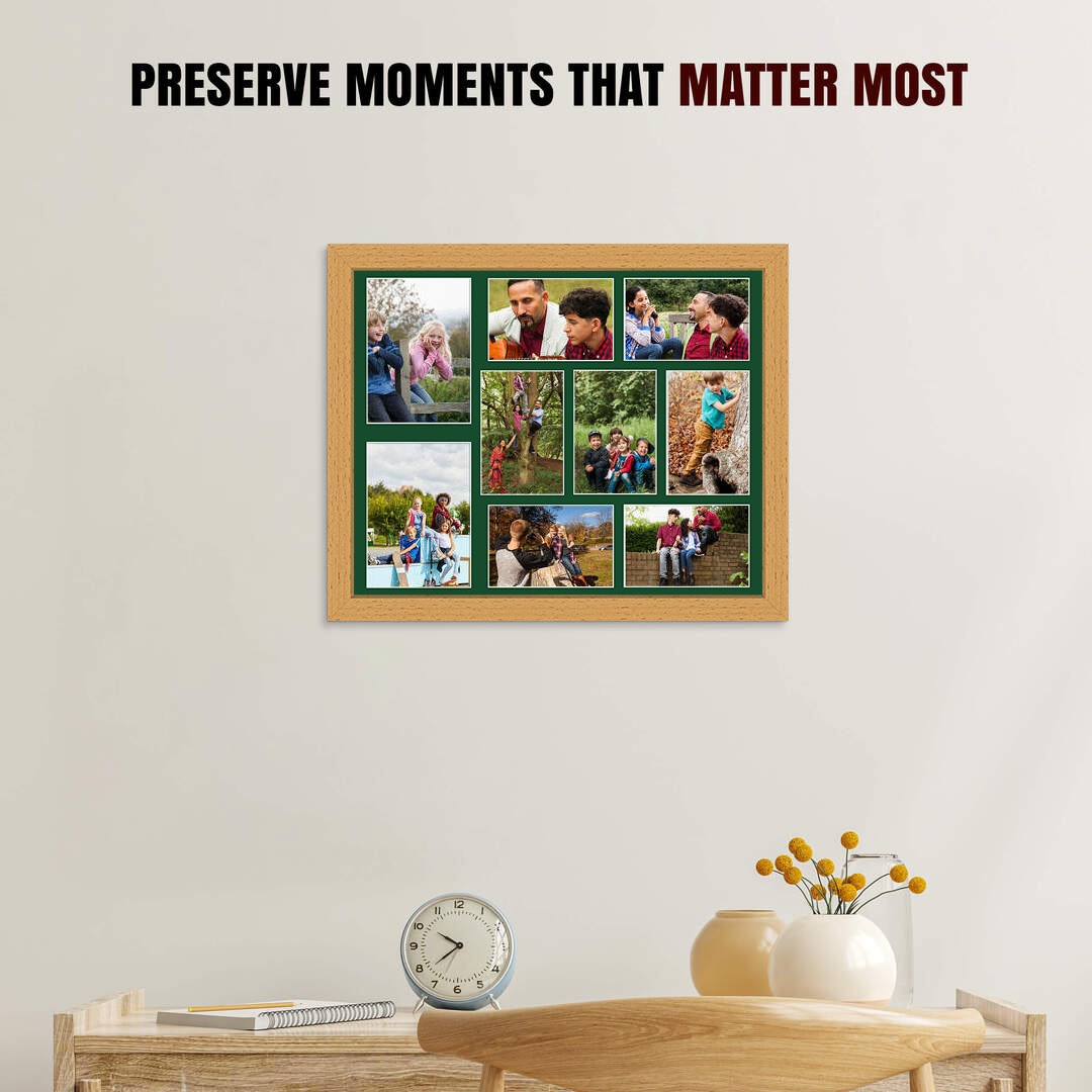 20x16" Country Pine Modern Multi Aperture Photo Frame Holds 7x5" (x2) & 6x4" (x7) Photos With Forest Green Mount | Modern Collage Frame thumbnail 2