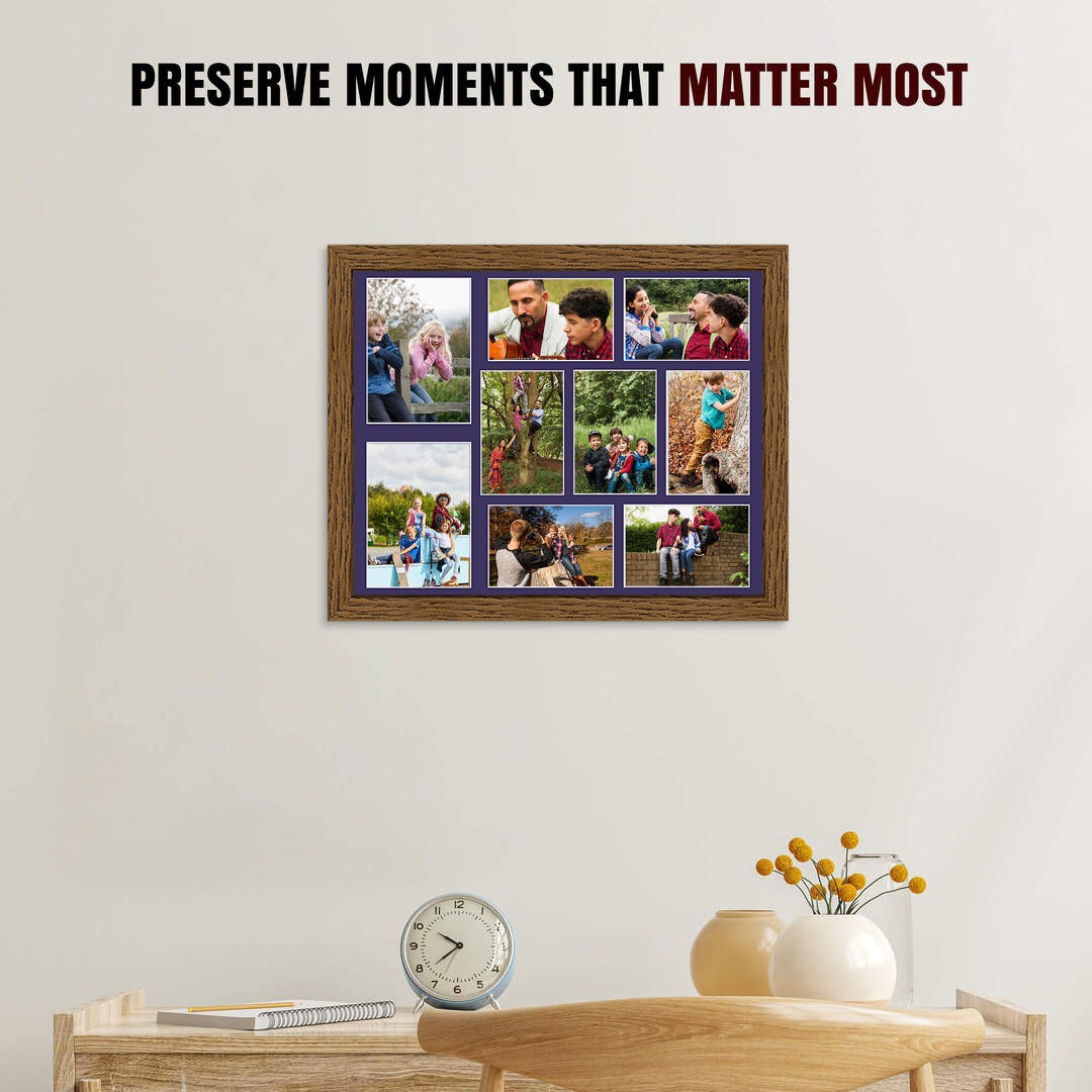 20x16" Dark Oak Modern Multi Aperture Photo Frame Holds 7x5" (x2) & 6x4" (x7) Photos With Damson Mount | Modern Collage Frame thumbnail 2