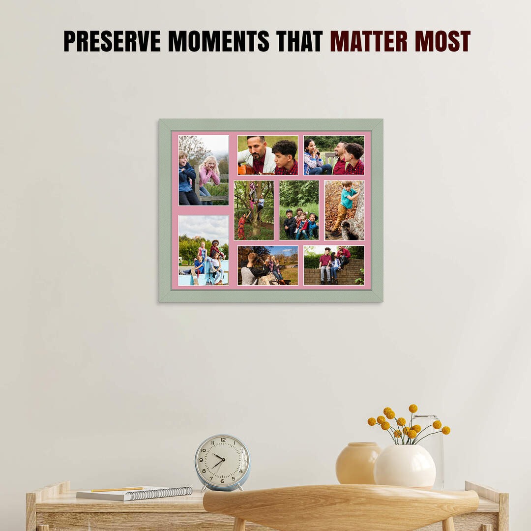 20x16" Green Modern Multi Aperture Photo Frame Holds 7x5" (x2) & 6x4" (x7) Photos With Dusty Rose Mount | Modern Collage Frame thumbnail 2