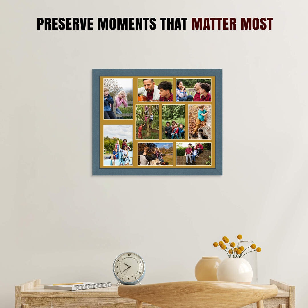 20x16" Navy Blue Modern Multi Aperture Photo Frame Holds 7x5" (x2) & 6x4" (x7) Photos With Antique Gold Mount | Modern Collage Frame thumbnail 2