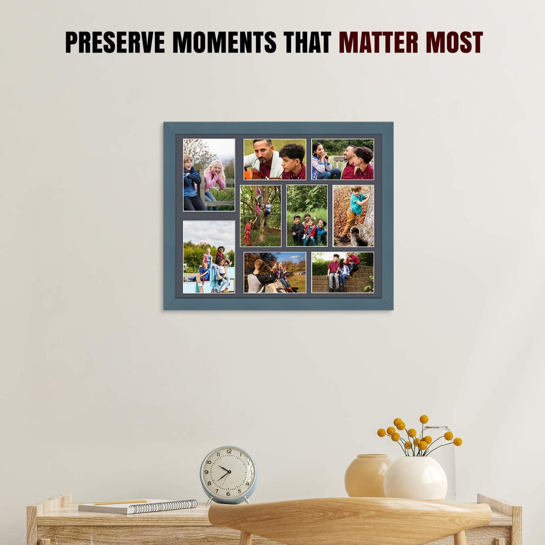 20x16" Navy Blue Modern Multi Aperture Photo Frame Holds 7x5" (x2) & 6x4" (x7) Photos With Charcoal Grey Mount | Modern Collage Frame thumbnail 2