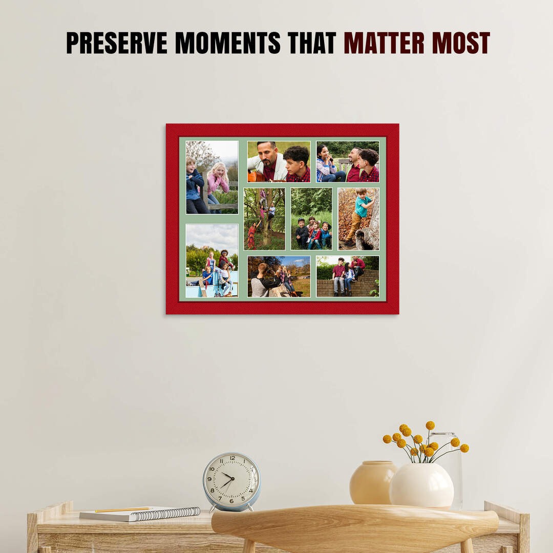 20x16" Red Modern Multi Aperture Photo Frame Holds 7x5" (x2) & 6x4" (x7) Photos With Sage Green Mount | Modern Collage Frame thumbnail 2