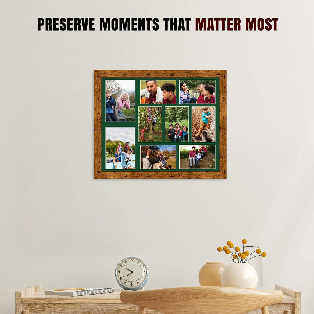 20x16" Rustic Oak Modern Multi Aperture Photo Frame Holds 7x5" (x2) & 6x4" (x7) Photos With Forest Green Mount | Modern Collage Frame thumbnail 2